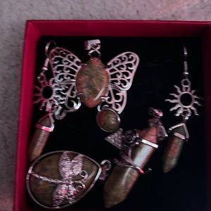 Unakite crystals, never worn. Ring is adjustable, earrings & several pendants.